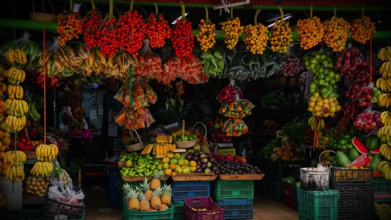 Puesto de mercado con racimos de chontaduro, bananos y canastas de fruta colgando